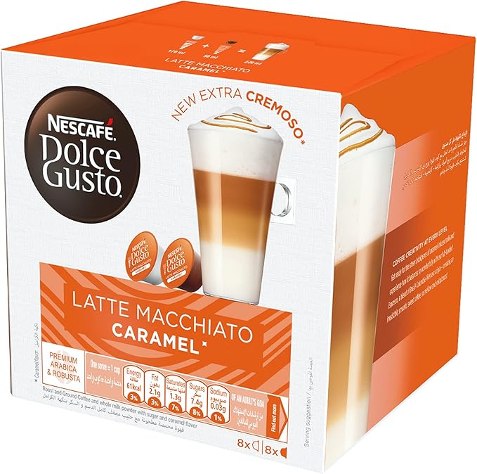 Nescafe Dolce Gusto Latte Macchiato Caramel Premium Arabica Pods- 8+8 Capsule